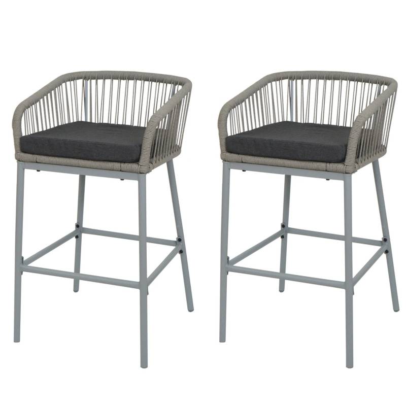 Proregal 2er-Set Rope-Barhocker HxBxT 92x51x53 cm Sitzhöhe 76cm Outdoor Sitzpolster Seilgeflecht Metall Hellgrau Kissen Dunkelgrau Tresenhocker von PROREGAL