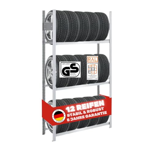 PROEGAL Reifenregal TIRE PRO Made in Germany | HxBxT 200x100x43cm | 3 Ebenen | 150kg Fachlast | Bis zu 5 Reifen pro Ebene | Verzinkt | Reifenständer Garagenregal von PROREGAL