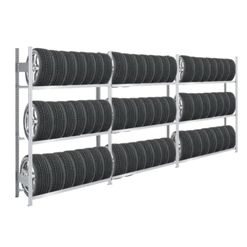 Reifenregal TIRE PRO Made in Germany | HxBxT 200x450x43cm | 3 Ebenen | 150kg Fachlast | Bis zu 21 Reifen pro Ebene | Verzinkt | Reifenständer Garagenregal von PROREGAL