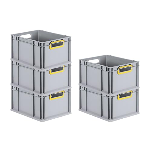 PROREGAL SuperSparSet 5x Eurobox NextGen Color | HxBxT 22x30x40cm | 20 Liter | Griffe gelb offen | Glatter Boden | Eurobehälter, Transportbox, Transportbehälter, Stapelbehälter von PROREGAL