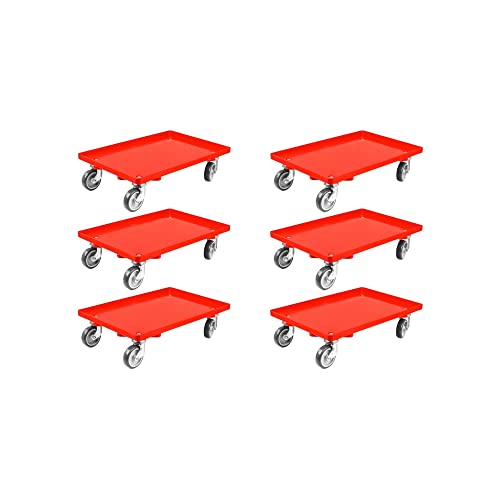 SparSet 6X Transportroller für Euroboxen 60x40cm mit Gummiräder rot | Geschlossenes Deck | 2 Lenkrollen & 2 Bremsrollen | Traglast 300kg | Kistenroller Logistikroller Rollwagen Profi-Fahrgestell von PROREGAL