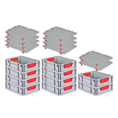 SuperSparSet 10x Eurobox NextGen Color mit Auflagedeckel & Schiebeschnappverschlüsse, HxBxT 12x30x40cm, 11L, Griffe rot geschlossen, Glatter Boden, Eurobehälter Transportbox Transportbehälter von PROREGAL