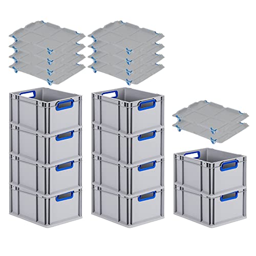 SuperSparSet 10x Eurobox NextGen Color mit Auflagedeckel & Schiebeschnappverschlüsse, HxBxT 22x30x40cm, 20L, Griffe blau offen, Glatter Boden, Eurobehälter Transportbox Transportbehälter von PROREGAL