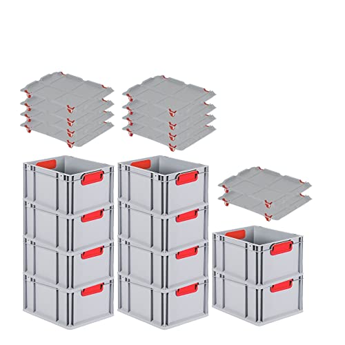 SuperSparSet 10x Eurobox NextGen Color mit Auflagedeckel & Schiebeschnappverschlüsse, HxBxT 22x30x40cm, 20L, Griffe rot geschlossen, Glatter Boden, Eurobehälter Transportbox Transportbehälter von PROREGAL