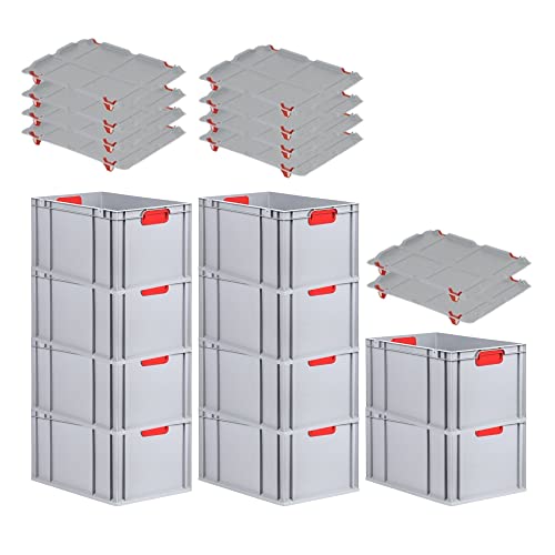 SuperSparSet 10x Eurobox NextGen Color mit Auflagedeckel & Schiebeschnappverschlüsse, HxBxT 32x40x60cm, 65L, Griffe rot geschlossen, Verstärkter Boden, Eurobehälter Transportbox Transportbehälter von PROREGAL