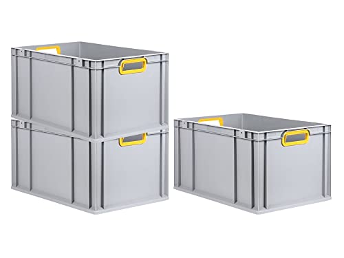 PROREGAL SuperSparSet 3x Eurobox NextGen Color | HxBxT 32x40x60cm | 65 Liter | Griffe gelb offen | Verstärkter Boden | Eurobehälter, Transportbox, Transportbehälter, Stapelbehälter von PROREGAL