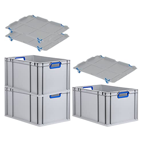 SuperSparSet 3x Eurobox NextGen Color mit Auflagedeckel & Schiebeschnappverschlüsse, HxBxT 32x40x60cm, 65L, Griffe blau offen, Verstärkter Boden, Eurobehälter Transportbox Transportbehälter von PROREGAL