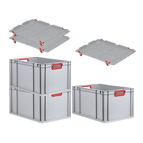 SuperSparSet 3x Eurobox NextGen Color mit Auflagedeckel & Schiebeschnappverschlüsse, HxBxT 32x40x60cm, 65L, Griffe rot offen, Verstärkter Boden, Eurobehälter Transportbox Transportbehälter von PROREGAL