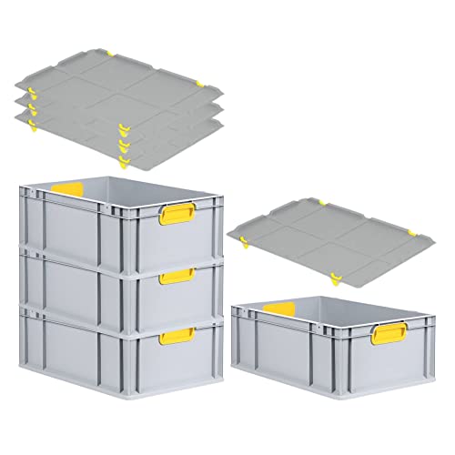 SuperSparSet 4x Eurobox NextGen Color mit Auflagedeckel & Schiebeschnappverschlüsse, HxBxT 22x40x60cm, 44L, Griffe gelb geschlossen, Verstärkter Boden, Eurobehälter Transportbox Transportbehälter von PROREGAL