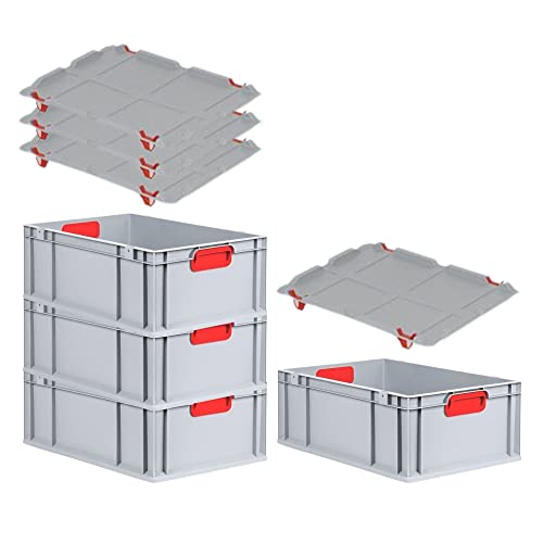 SuperSparSet 4x Eurobox NextGen Color mit Auflagedeckel & Schiebeschnappverschlüsse, HxBxT 22x40x60cm, 44L, Griffe rot geschlossen, Verstärkter Boden, Eurobehälter Transportbox Transportbehälter von PROREGAL