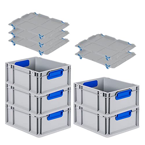 SuperSparSet 5x Eurobox NextGen Color mit Auflagedeckel & Schiebeschnappverschlüsse, HxBxT 17x30x40cm, 16L, Griffe blau geschlossen, Glatter Boden, Eurobehälter Transportbox Transportbehälter von PROREGAL