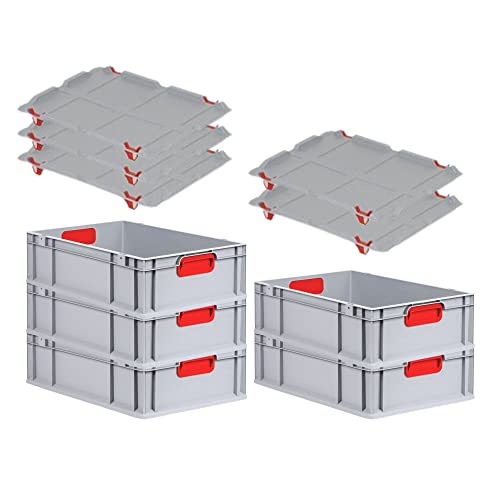 SuperSparSet 5x Eurobox NextGen Color mit Auflagedeckel & Schiebeschnappverschlüsse, HxBxT 17x40x60cm, 34L, Griffe rot geschlossen, Glatter Boden, Eurobehälter Transportbox Transportbehälter von PROREGAL