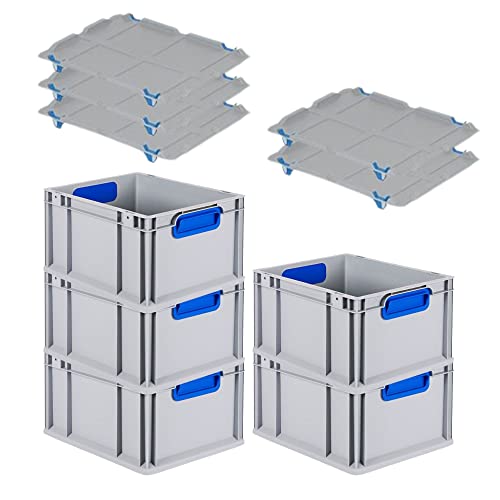 SuperSparSet 5x Eurobox NextGen Color mit Auflagedeckel & Schiebeschnappverschlüsse, HxBxT 22x30x40cm, 20L, Griffe blau geschlossen, Glatter Boden, Eurobehälter Transportbox Transportbehälter von PROREGAL