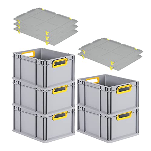 SuperSparSet 5x Eurobox NextGen Color mit Auflagedeckel & Schiebeschnappverschlüsse, HxBxT 22x30x40cm, 20L, Griffe gelb offen, Glatter Boden, Eurobehälter Transportbox Transportbehälter von PROREGAL