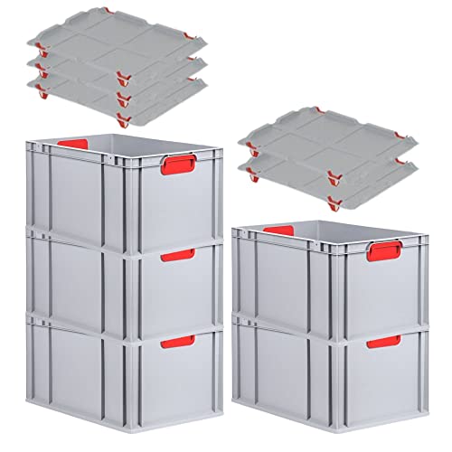 SuperSparSet 5x Eurobox NextGen Color mit Auflagedeckel & Schiebeschnappverschlüsse, HxBxT 32x40x60cm, 65L, Griffe rot geschlossen, Verstärkter Boden, Eurobehälter Transportbox Transportbehälter von PROREGAL