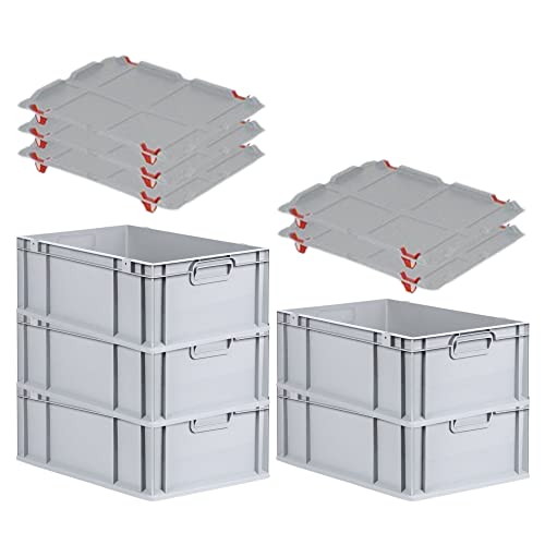 SuperSparSet 5x Eurobox NextGen Grip mit Auflagedeckel & 4 roten Schiebeschnappverschlüssen, HxBxT 22x40x60cm, 44L, Griffe geschlossen, Verstärkter Boden, Eurobehälter Transportbox Transportbehälter von PROREGAL