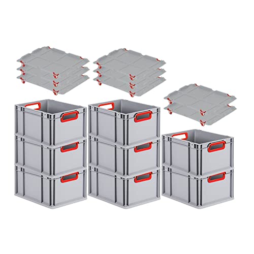 SuperSparSet 8x Eurobox NextGen Color mit Auflagedeckel & Schiebeschnappverschlüsse, HxBxT 22x30x40cm, 20L, Griffe rot offen, Glatter Boden, Eurobehälter Transportbox Transportbehälter von PROREGAL