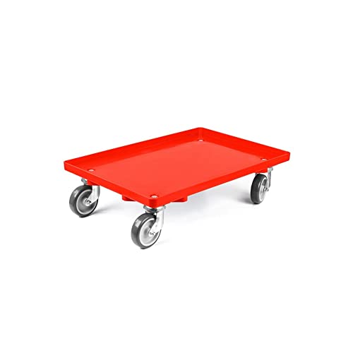 Transportroller für Euroboxen 60x40cm mit Gummiräder rot | Geschlossenes Deck | 2 Lenkrollen & 2 Bockrollen | Traglast 300kg | Kistenroller Logistikroller Rollwagen Profi-Fahrgestell von PROREGAL