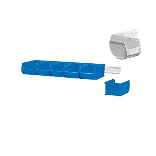 Wandleiste mit 6x Blaue Sichtlagerbox 2.0 mit Abdeckung | HxBxT 7,6x60,5x17,6cm | Wandhalterung, Kleinteileaufbewahrung, Sortimentsboxhalterung von PROREGAL