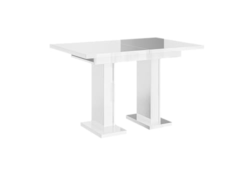 PROROOM FURNITURE - Glass Table - Esstisch - mit 2 massiven Säulenfüßen - Rechteckig - 120x80x75 cm - Ausziehbar auf 160 cm - Modern - für Esszimmer, Küche, Wohnzimmer, Salon - Weiß Glanz von PROROOM FURNITURE