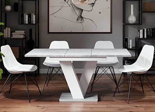 PROROOM FURNITURE - Malvi Table - Esstisch - Rechteckig - 120x80x75 cm - Ausziehbar auf 160 cm - Säulentisch mit V-Gestell - Modern - für Esszimmer, Küche, Wohnzimmer, Salon - Weiß Matt & Steinoptik von PROROOM FURNITURE