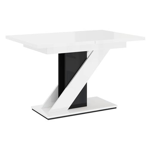 PROROOM FURNITURE - Mavea Table - Esstisch - Rechteckig - 120x80x75 cm - Ausziehbar auf 160 cm - Säulentisch - mit Z-Gestell - Modern - für Esszimmer, Küche, Wohnzimmer, Salon - Weiß & Schwarz Glanz von PROROOM FURNITURE