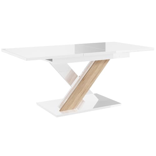 PROROOM FURNITURE - Onyx Table - Esstisch - Rechteckig - 140x80x75 cm - Ausziehbar auf 180 cm - Säulentisch - mit X-Gestell - Modern - für Esszimmer, Küche, Wohnzimmer, Salon - Weiß Glanz & Holzoptik von PROROOM FURNITURE