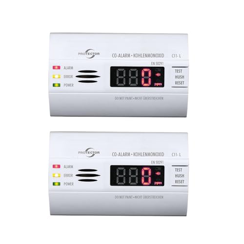 Protector C11-L CO-Melder batteriebetrieben | Hochpräziser langlebiger CO-Melder 2er Set mit beleuchtetem Display | Detektiert Kohlenmonoxid (CO) für Ihre Sicherheit | Ideal für Wohnwagen und Zuhause von PROTECTOR