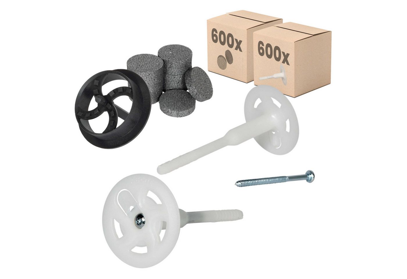 PROTEKTOR Schrauben- und Dübel-Set Dämmstoff-Schraubdübel Ø8mm mit verzinkter Stahlschraube, (PROTEKTOR 600x Dämmstoff-Schraubdübel Set Ø8x120mm, 1200 St., (inkl. 600x Rondelle + 1 Fräser) WDVS Dübel für Fassadendämmung) von PROTEKTOR