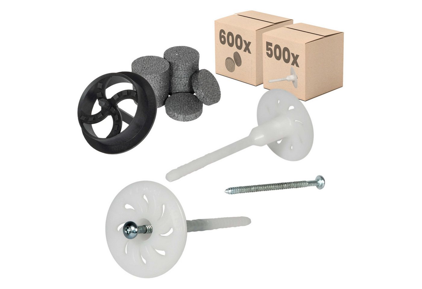 PROTEKTOR Schrauben- und Dübel-Set Dämmstoff-Schraubdübel Ø8mm mit verzinkter Stahlschraube, vormontiert, (500x Dämmstoff-Schraubdübel Set Ø8x120mm, 1100 St., (inkl. 600x Rondelle + 1 Fräser) von PROTEKTOR