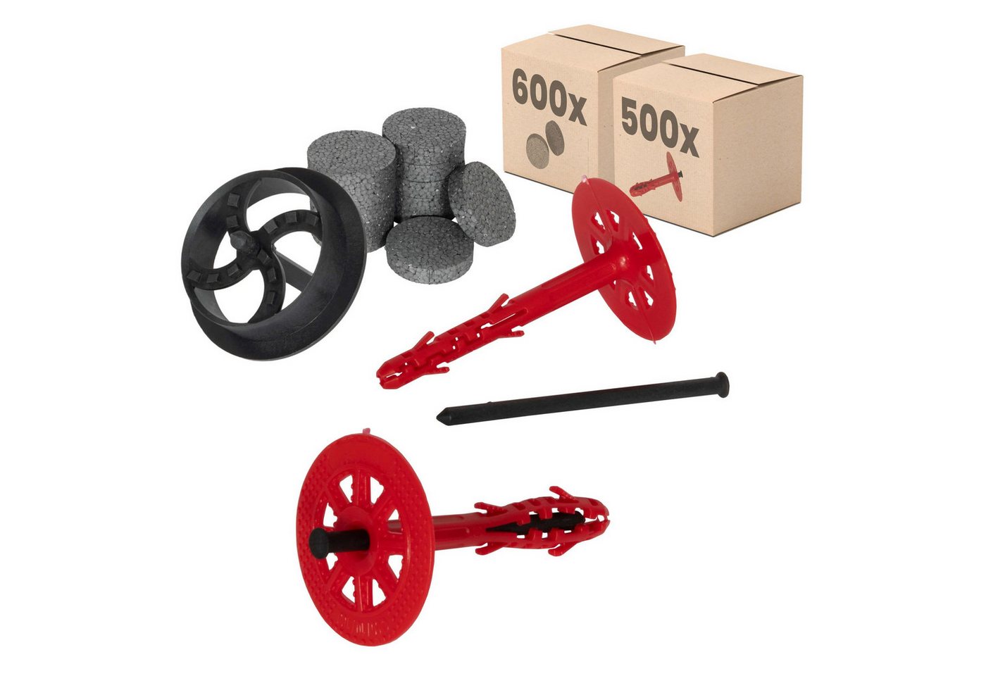 PROTEKTOR Schrauben- und Dübel-Set Dämmstoffdübel Ø10mm, Schlagdübel mit Kunststoffnagel für WDVS, (Dämmstoffdübel Set Ø10x100mm (500 Stück + 600 Rondelle + 1 Fräser), 1100 St., Fassadendübel für WDVS und zur Befestigung von Fassadendämmung), ETA-zertifizierte Schlagdübel Tellerdübel für alle Nutzungskategorien von PROTEKTOR