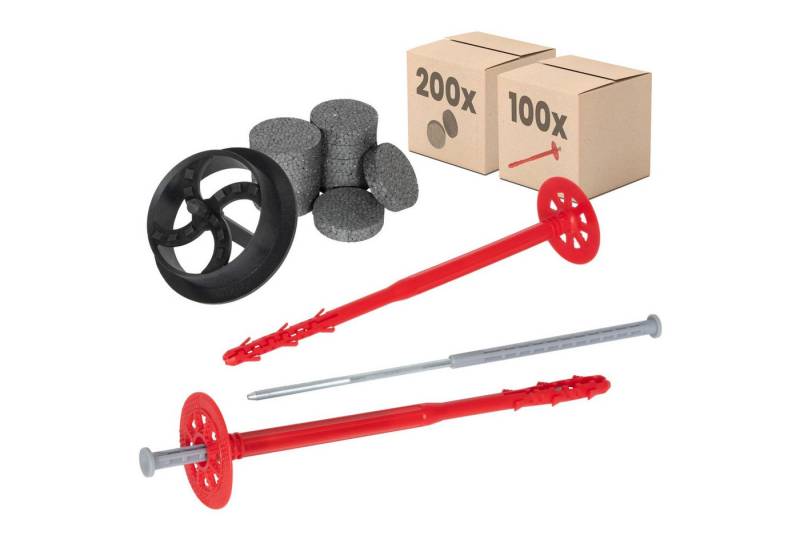 PROTEKTOR Schrauben- und Dübel-Set Dämmstoffdübel Ø10mm, Schlagdübel mit Stahlnagel für WDVS, (Dämmstoffdübel Set Ø10x200mm (100 Stück + 200 Rondelle + 1 Fräser), 300 St., Fassadendübel für WDVS und zur Befestigung von Fassadendämmung), ETA-zertifizierte Schlagdübel Tellerdübel für alle Nutzungskategorien von PROTEKTOR