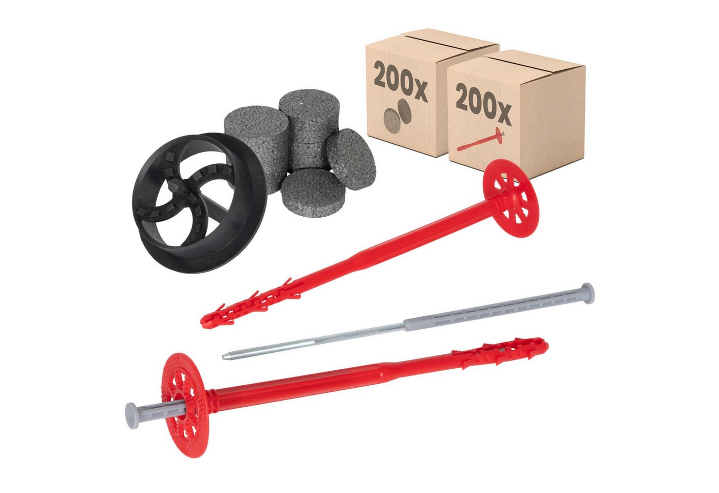 PROTEKTOR Schrauben- und Dübel-Set Dämmstoffdübel Ø10mm, Schlagdübel mit Stahlnagel für WDVS, (Dämmstoffdübel Set Ø10x200mm (200 Stück + 200 Rondelle + 1 Fräser), 400 St., Fassadendübel für WDVS und zur Befestigung von Fassadendämmung), ETA-zertifizierte Schlagdübel Tellerdübel für alle Nutzungskategorien von PROTEKTOR