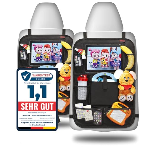 PROTEX© Rückenlehnenschutz Organizer [Testsieger 2024] 100 Tage risikofrei testen - Auto Rücksitz Organizer mit 12 Zoll Tablet Fach [2er schwarz] von PROTEX
