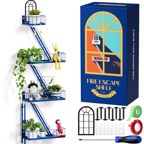 PROTITOUS Fire Escape Regal 4 Etagen Metall Fire Escape Wandregale mit Körben New York Action Figur Display Regal Einzigartige Rustikale Schwebende Dekorative Wandregale Marineblau von PROTITOUS