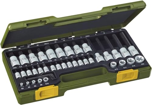 PROXXON Spezialsatz für TX- und Innensechskantschrauben, Für 1/4"-Vierkantantrieb und 1/2"-Vierkantantrieb, 42-teiliges Werkzeug-Set mit Kunststoffkoffer, 23290 von Proxxon
