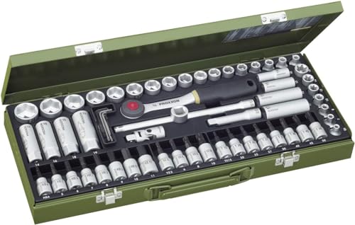 Proxxon 23112 Super-Kompaktsatz Satz Steckschlüssel mit 10mm (3/8") Umschaltratsche 65teiliges Werkzeug-Set im Stahlkasten von Proxxon