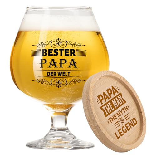 PRSTENLY Papa Geschenk, Bierkrug Glas+Bambus Untersetzer Geschenke für Bester Papa Ostern Geburtstag Vatertag, Vatertagsgeschenk Geburtstagsgeschenk für Papa Vater, 17OZ von PRSTENLY