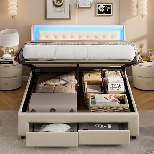 Bett 140 x 190 mit Stauraum Polsterbett Doppelbett mit LED-Kopfteil und 4 Schubladen Stauraumbett Bettgestell mit Hydraulischem Metallrahmen und Lattenrost (Ohne Matratze) (140 x 190 cm) von PRTECY