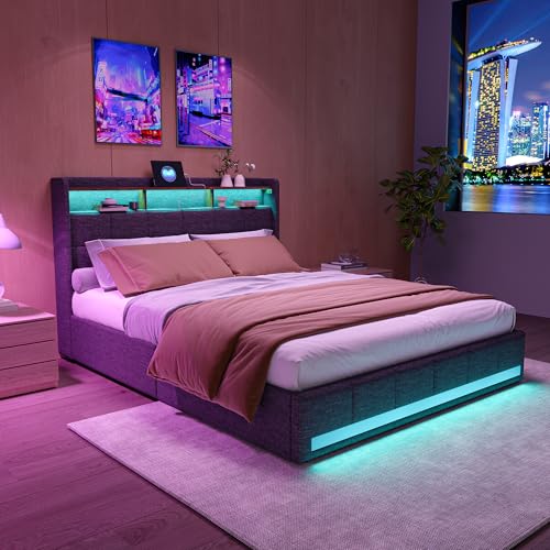 PRTECY Bett 160 x 200 cm mit LED-Platte und 2 USB, Typ-C, gepolstertes Doppelbett mit 4 Schubladen und Kopfteil, Bett für 2 Personen mit Lattenrost für Erwachsene (ohne Matratze) (Grau, 160 x 200 cm) von PRTECY