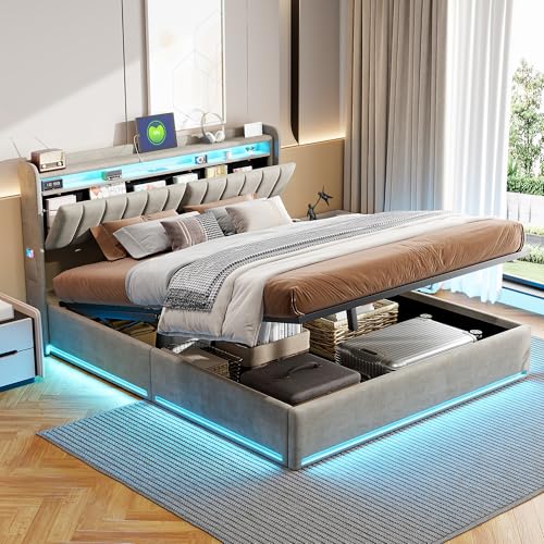 PRTECY Bett 160 x 200 cm mit Lattenrost LED und USB, Doppelbett mit Kopfteil, Stauraum, hydraulisch, für Erwachsene und Jugendliche, Samt (ohne Matratze) (160 x 200 cm) von PRTECY