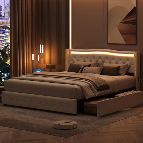 Bett mit Stauraum 140x200 LED Doppelbett mit 4 Stauraum Schubladen und Lattenrost Polsterbett LED Kopfteil und USB Typ C Stauraumbett,PU (Ohne Matratze) (140 x 200 cm) von PRTECY