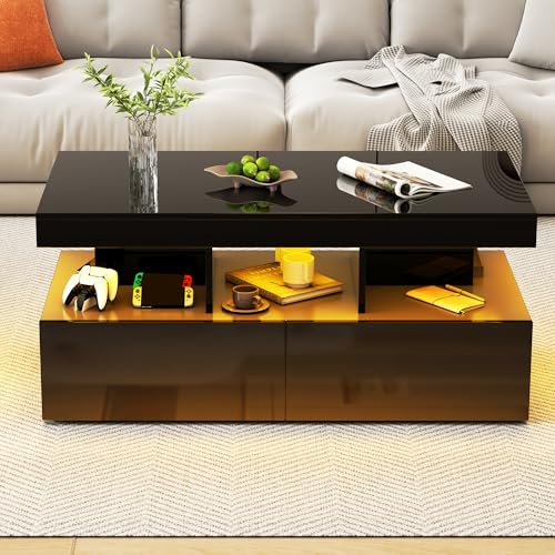 PRTECY Couchtisch Modern Hochglanz-Couchtisch mit LED-Beleuchtung und 2 Schubladen Wohnzimmertisch mit Stauraum Rechteckiger Kaffeetisch für Wohnzimmer Beistelltisch (Schwarz, 104 x 53 x 46 cm) von PRTECY