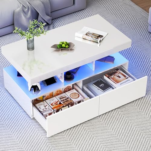 PRTECY Couchtisch Modern Hochglanz-Couchtisch mit LED-Beleuchtung und 2 Schubladen Wohnzimmertisch mit Stauraum Rechteckiger Kaffeetisch für Wohnzimmer Beistelltisch (Weiß, 104 x 53 x 46 cm) von PRTECY