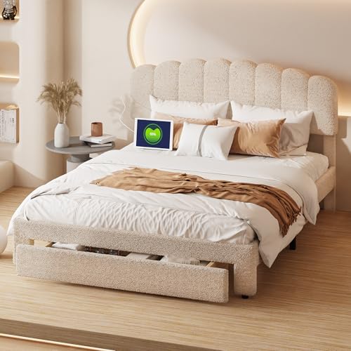 PRTECY Gepolstertes Doppelbett, 140 x 200 cm, Bett mit höhenverstellbarem Kopf und USB-Anschluss, Typ C, für 2 Personen, mit Aufbewahrungsschublade, Teddy-Samt (ohne Matratze) (140 x 200 cm) von PRTECY