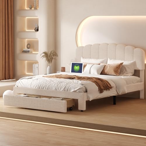 PRTECY Gepolstertes Doppelbett, 160 x 200 cm, Bett mit höhenverstellbarem Kopf und USB-Anschluss, Typ C, für 2 Personen, mit Aufbewahrungsschublade, Teddy-Samt (ohne Matratze) (160 x 200 cm) von PRTECY