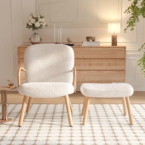 Moderner Akzentstuhl mit Hocker, gepolsterter bequemer Sessel mit Fußstütze, Schaukelsessel aus Lammwolle, für Schlafzimmer, Leseräume (gebrochenes Weiß) von PRTECY