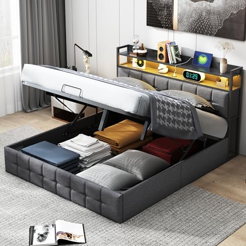 Polsterbett Doppelbett 140x200 Hydraulisch Bettgestell mit USB Typ C Ladefunktion und LED-Leuchten Kopfteil mit stauraum Funktionsbett Bettgestell mit Lattenrost(Ohne Matratze) (140 x 200 cm) von PRTECY