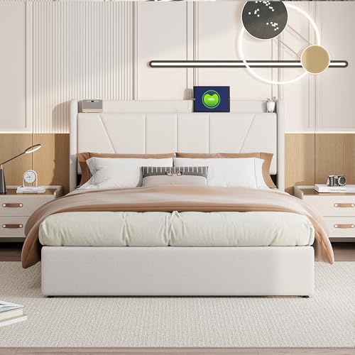 Polsterbett Doppelbett 160x200 cm mit Stauraum Hydraulisch Stauraumbett Kopfteil mit USB/TypC Bettgestell mit Lattenrost Funktionsbett Jugendbett(Ohne Matratze) (Beige, 160 x 200cm) von PRTECY