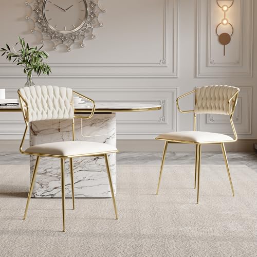 PRTECY Samt Esszimmerstühle 2er Set, gepolsterte Küchenstühle mit Rückenlehne, Metallbeine, moderne Esstischstühle für Wohnzimmer, Schlafzimmer, Schreibtischstühle (Weiß) von PRTECY